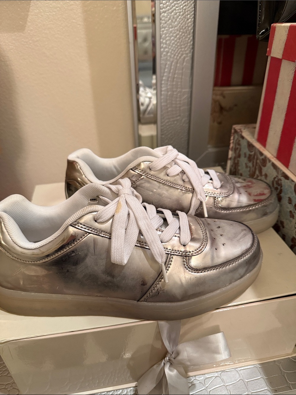 Women or any one Metallic Silver Lace-Up Sneakers; woman's size 8